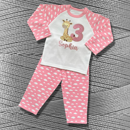 Childrens Personalised Embroidered Birthday Pyjamas 'When I wake up I will be' Embroidered Giraffe Design with the Childs Name and Age