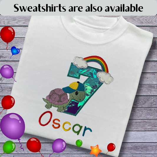 Personalised Embroidered Children's Birthday Top, Turtle and Rainbow Design.