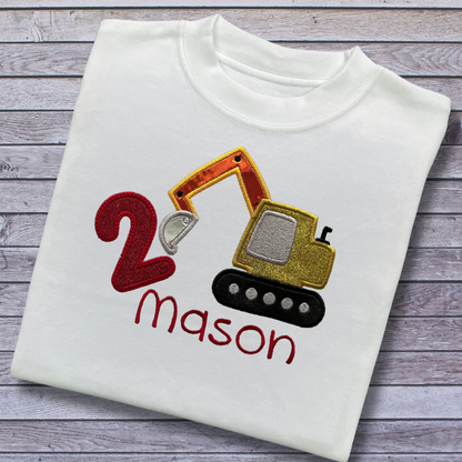 Personalised Embroidered Children's Birthday Top: Construction Vehicles Design