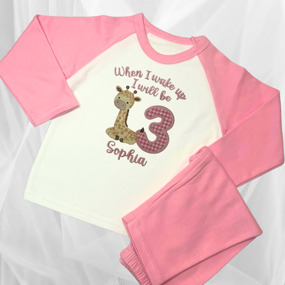 Childrens Personalised Embroidered Birthday Pyjamas 'When I wake up I will be' Embroidered Giraffe Design with the Childs Name and Age