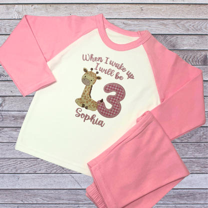 Childrens Personalised Embroidered Birthday Pyjamas 'When I wake up I will be' Embroidered Giraffe Design with the Childs Name and Age