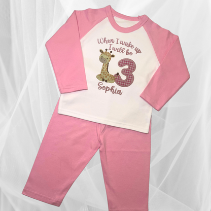 Childrens Personalised Embroidered Birthday Pyjamas 'When I wake up I will be' Embroidered Giraffe Design with the Childs Name and Age