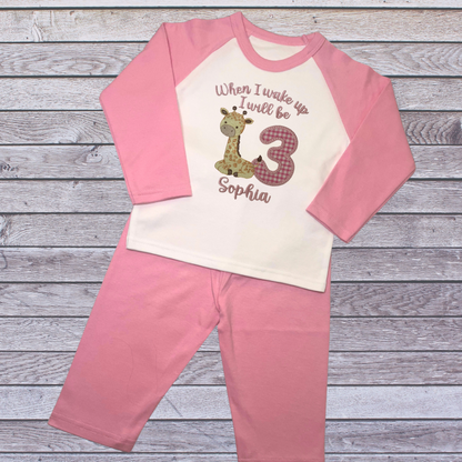 Childrens Personalised Embroidered Birthday Pyjamas 'When I wake up I will be' Embroidered Giraffe Design with the Childs Name and Age