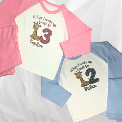 Childrens Personalised Embroidered Birthday Pyjamas 'When I wake up I will be' Embroidered Giraffe Design with the Childs Name and Age