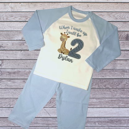 Childrens Personalised Embroidered Birthday Pyjamas 'When I wake up I will be' Embroidered Giraffe Design with the Childs Name and Age