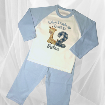 Childrens Personalised Embroidered Birthday Pyjamas 'When I wake up I will be' Embroidered Giraffe Design with the Childs Name and Age