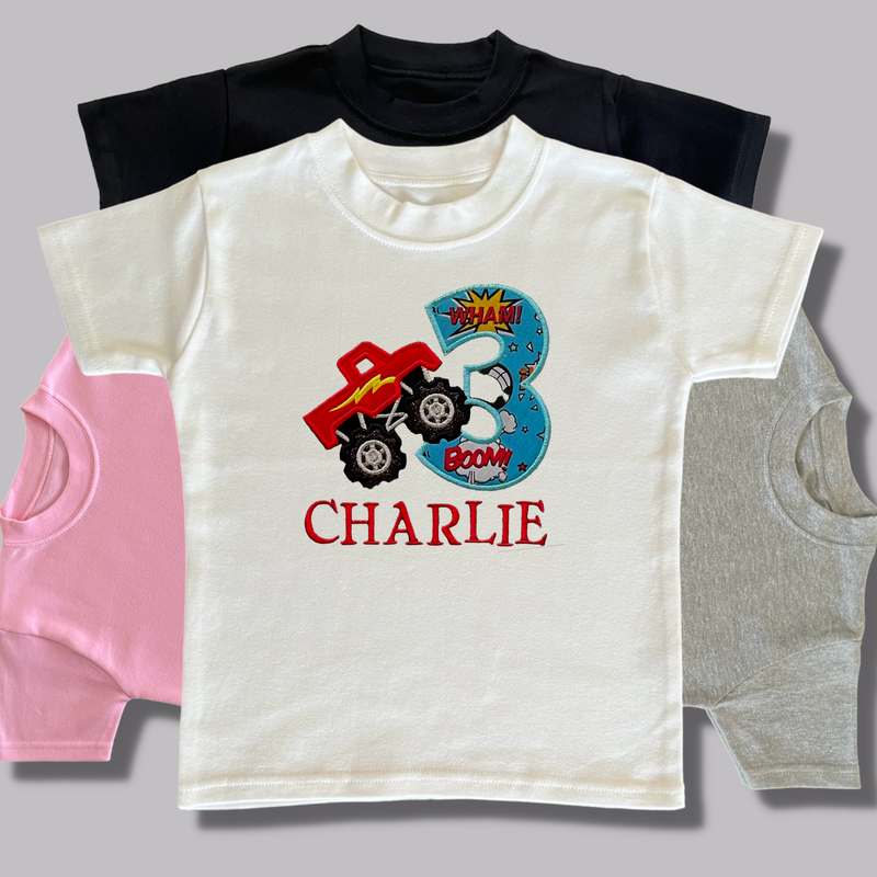Personalised Embroidered Monster Truck Birthday T-Shirts and Sweatshirts