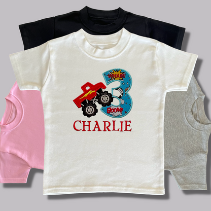 Personalised Embroidered Children's Birthday Top: Monster Truck Design