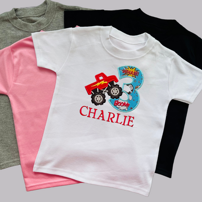 Personalised Embroidered Children's Birthday Top: Monster Truck Design