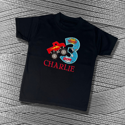 Personalised Embroidered Children's Birthday Top: Monster Truck Design