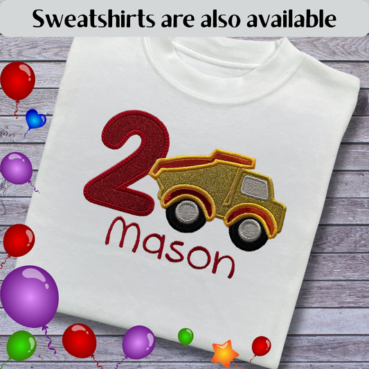 Personalised Embroidered Children's Birthday Top: Construction Vehicle Design