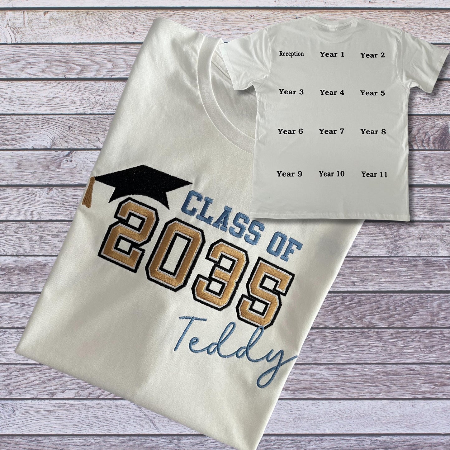 Personalised Embroidered Children's Class of 20xx Handprint Keepsake T-Shirt.