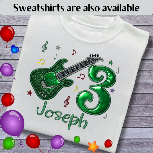 Personalised Embroidered Children's Birthday Top: Glittery Guitar Design