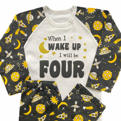 Childrens Birthday Pyjamas. Space Design With the Words 'When I Wake Up I'll Be .....'. Super Cute for the Night Before Their Big Day.
