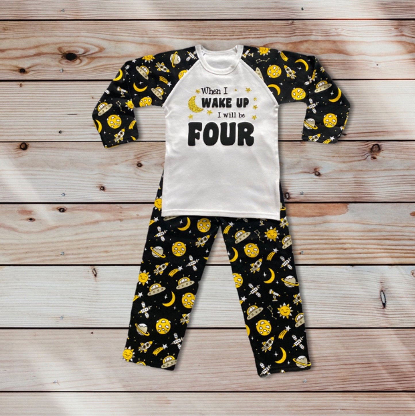 Childrens Birthday Pyjamas. Space Design With the Words 'When I Wake Up I'll Be .....'. Super Cute for the Night Before Their Big Day.