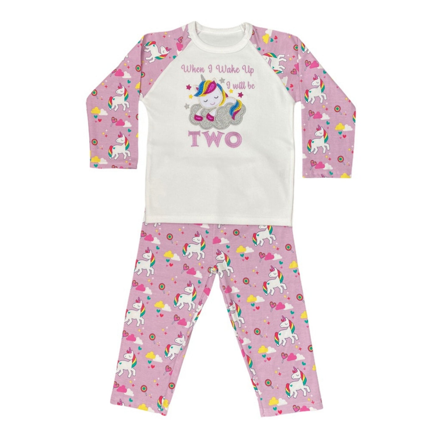 Childrens Embroidered Birthday Pyjamas. Unicorn Design With the Words 'When I Wake Up I'll Be..' Perfect for the Night Before Their Birthday
