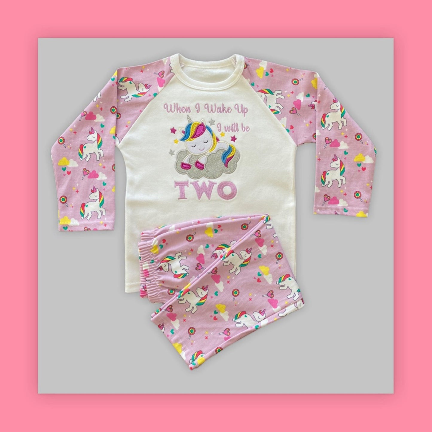 Childrens Embroidered Birthday Pyjamas. Unicorn Design With the Words 'When I Wake Up I'll Be..' Perfect for the Night Before Their Birthday