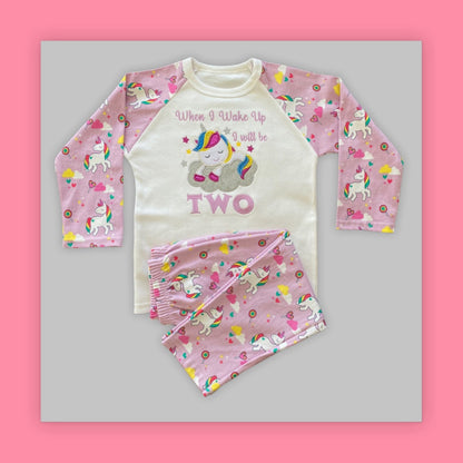 Childrens Embroidered Birthday Pyjamas. Unicorn Design With the Words 'When I Wake Up I'll Be..' Perfect for the Night Before Their Birthday