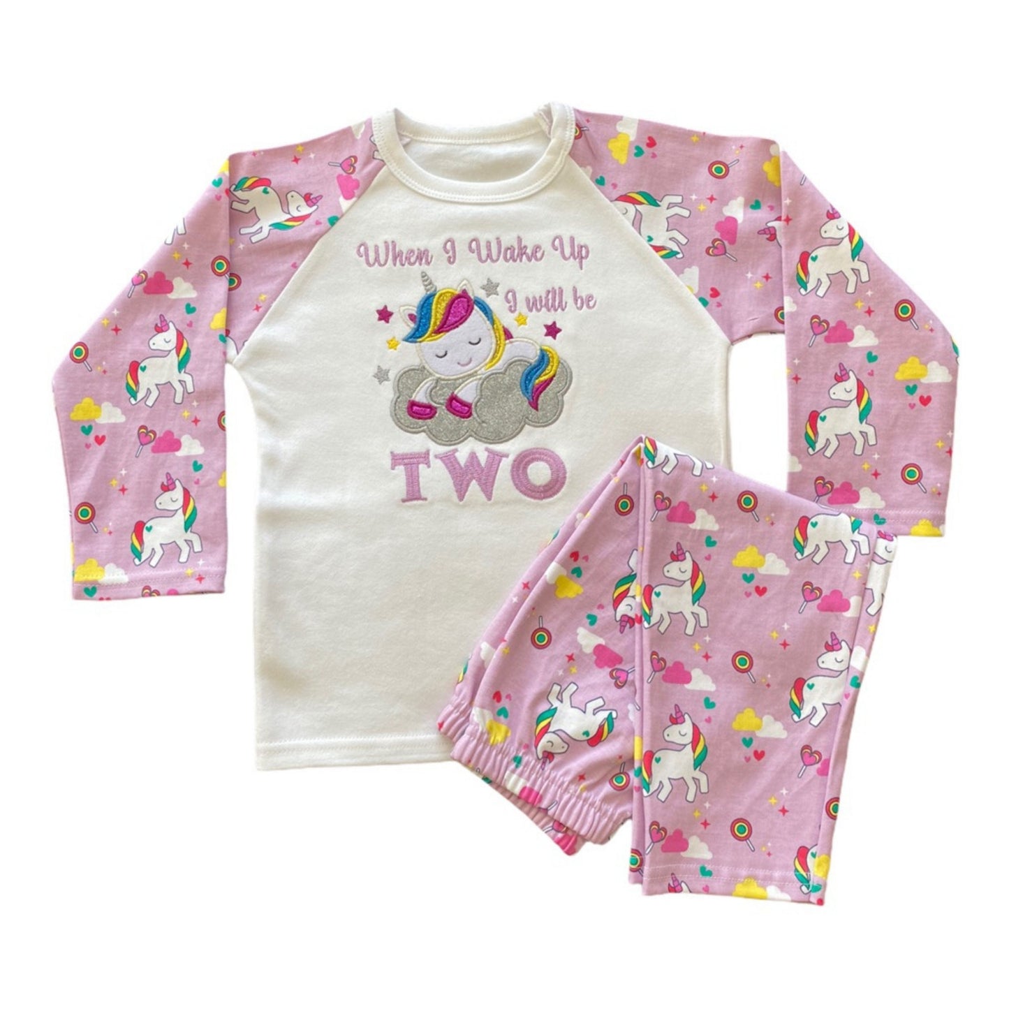 Childrens Embroidered Birthday Pyjamas. Unicorn Design With the Words 'When I Wake Up I'll Be..' Perfect for the Night Before Their Birthday