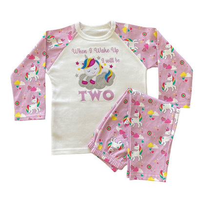 Childrens Embroidered Birthday Pyjamas. Unicorn Design With the Words 'When I Wake Up I'll Be..' Perfect for the Night Before Their Birthday