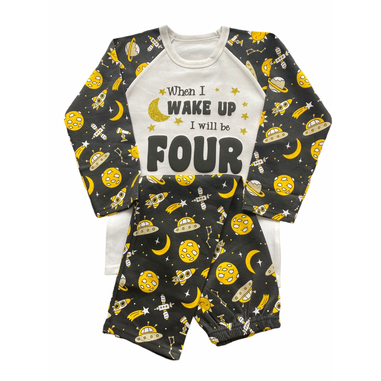 Childrens Birthday Pyjamas. Space Design With the Words 'When I Wake Up I'll Be .....'. Super Cute for the Night Before Their Big Day.