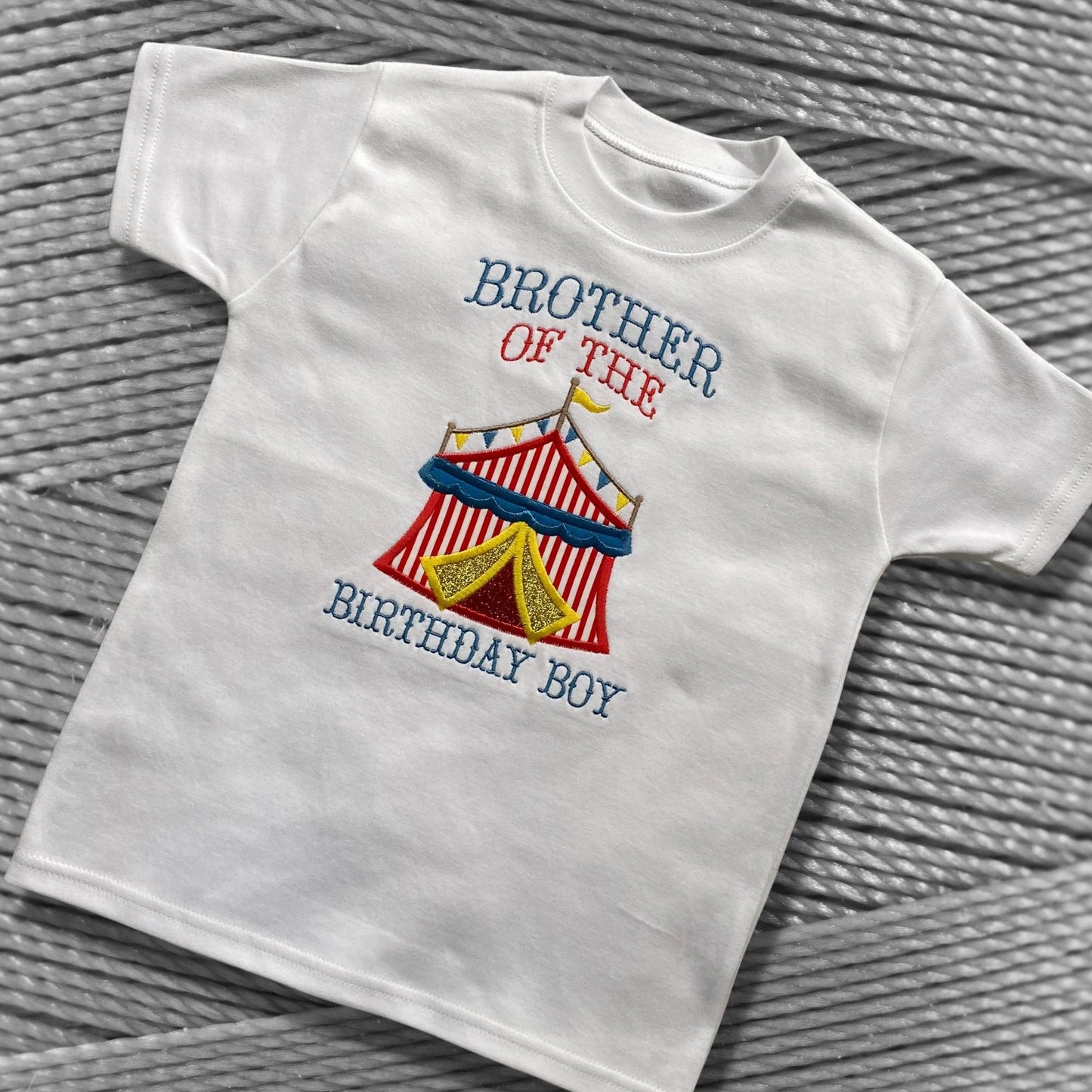Personalised Embroidered Children's Birthday Top: Applique Circus Design.
