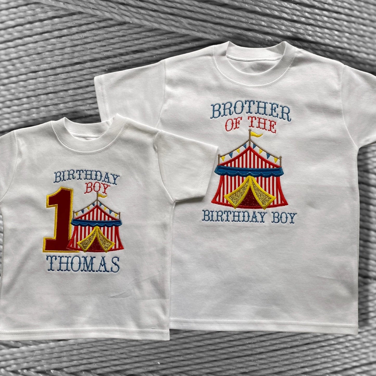Personalised Embroidered Children's Birthday Top: Applique Circus Design.