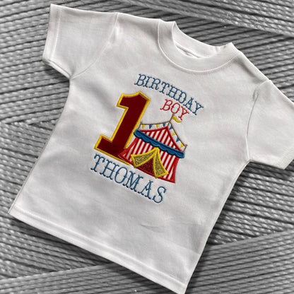 Personalised Embroidered Children's Birthday Top: Applique Circus Design.