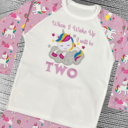 Childrens Embroidered Birthday Pyjamas. Unicorn Design With the Words 'When I Wake Up I'll Be..' Perfect for the Night Before Their Birthday