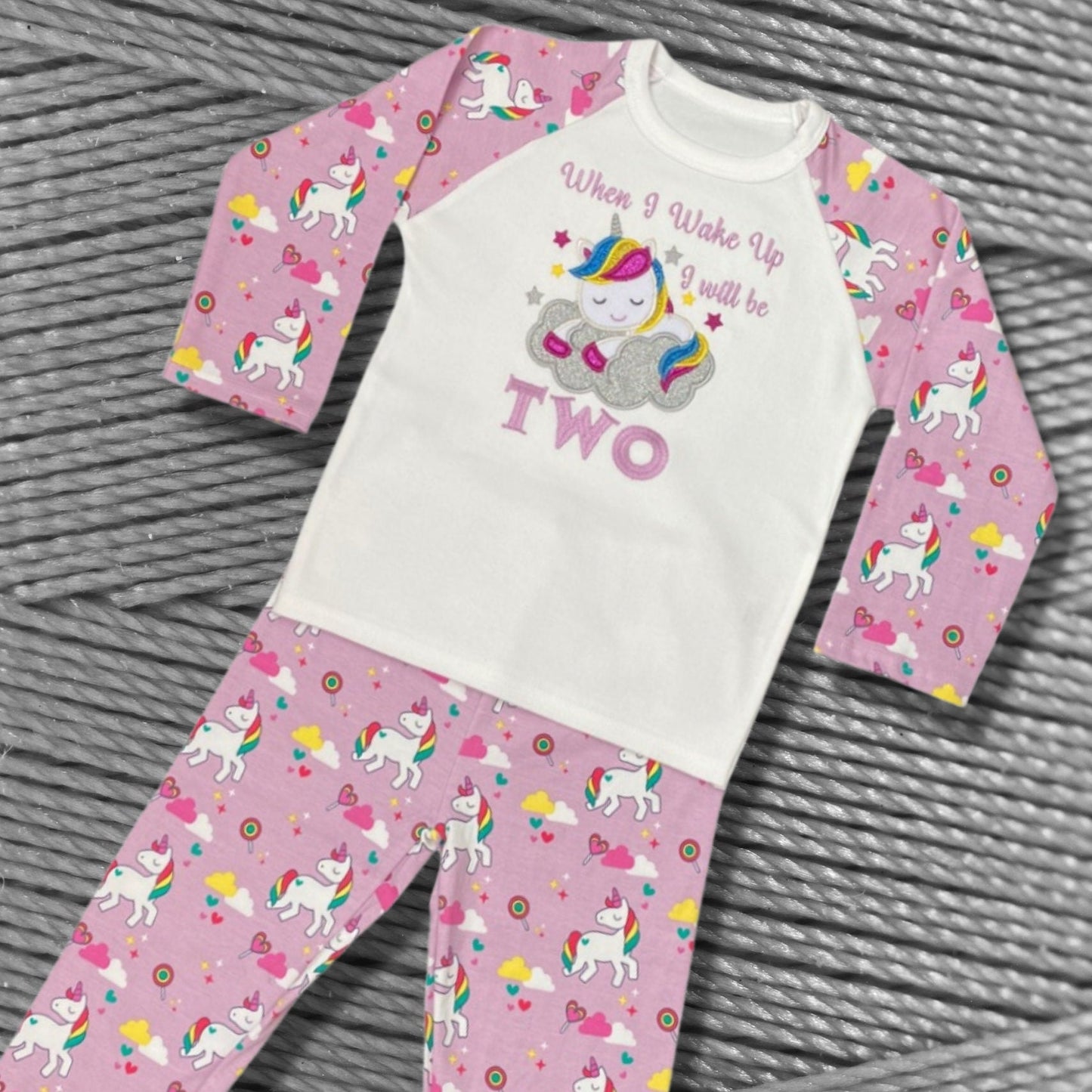 Childrens Embroidered Birthday Pyjamas. Unicorn Design With the Words 'When I Wake Up I'll Be..' Perfect for the Night Before Their Birthday