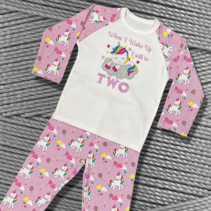 Childrens Embroidered Birthday Pyjamas. Unicorn Design With the Words 'When I Wake Up I'll Be..' Perfect for the Night Before Their Birthday