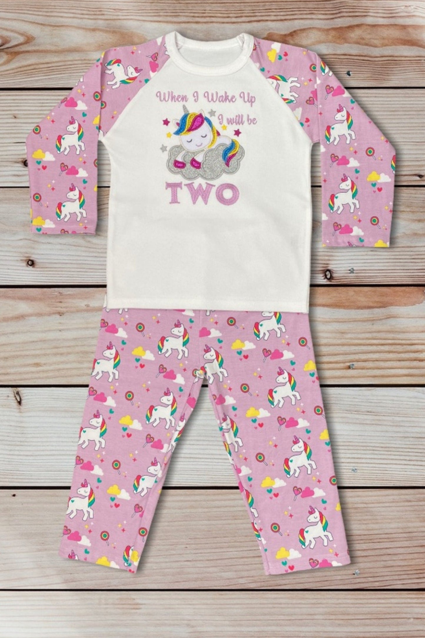 Childrens Embroidered Birthday Pyjamas. Unicorn Design With the Words 'When I Wake Up I'll Be..' Perfect for the Night Before Their Birthday