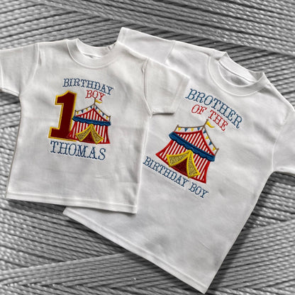 Personalised Embroidered Children's Birthday Top: Applique Circus Design.