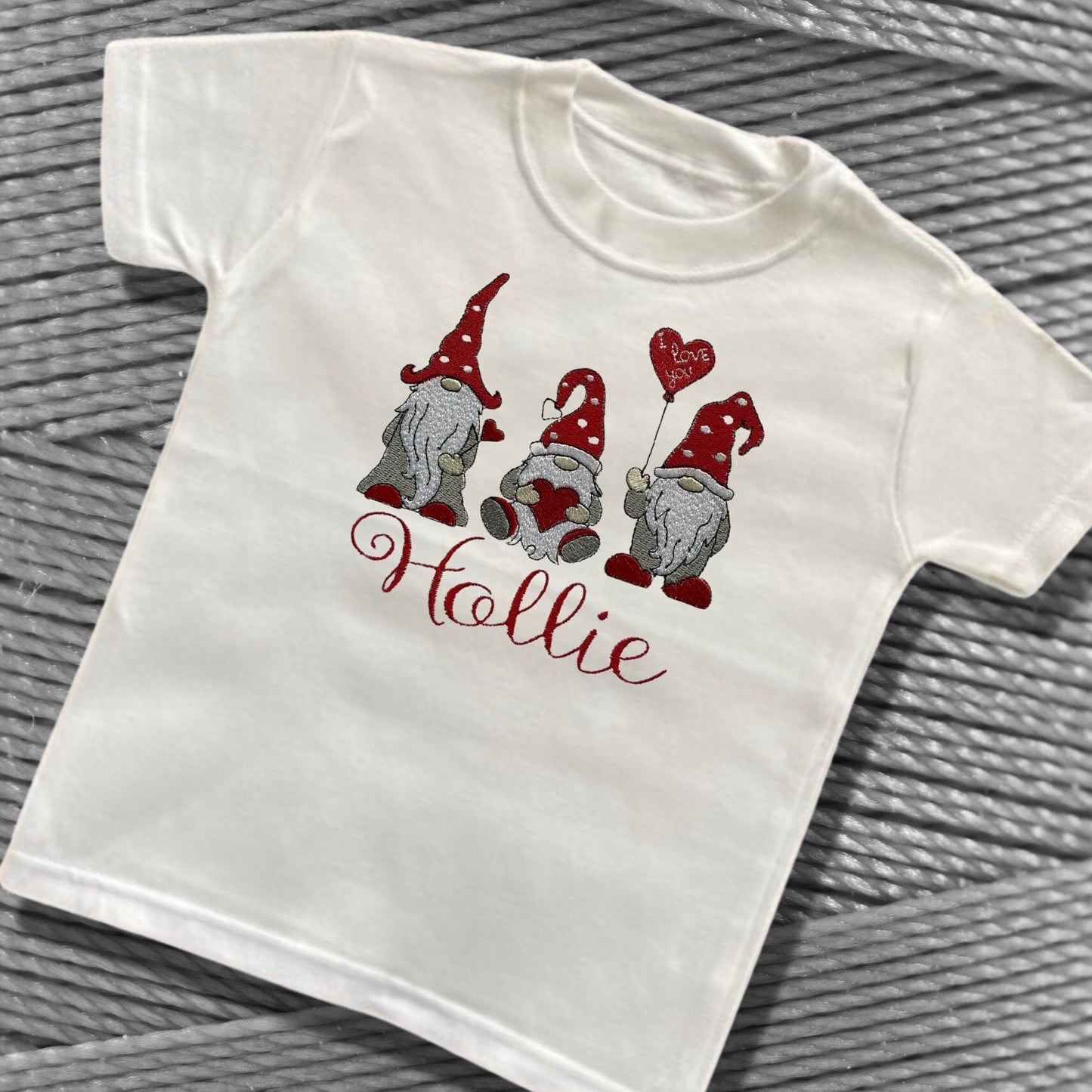 Personalised Embroidered Childrens Valentine's Shirt. Cute Gnome Design. Perfect Outfit for Valentines Day or a Gift