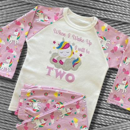 Childrens Embroidered Birthday Pyjamas. Unicorn Design With the Words 'When I Wake Up I'll Be..' Perfect for the Night Before Their Birthday