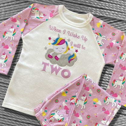 Childrens Embroidered Birthday Pyjamas. Unicorn Design With the Words 'When I Wake Up I'll Be..' Perfect for the Night Before Their Birthday