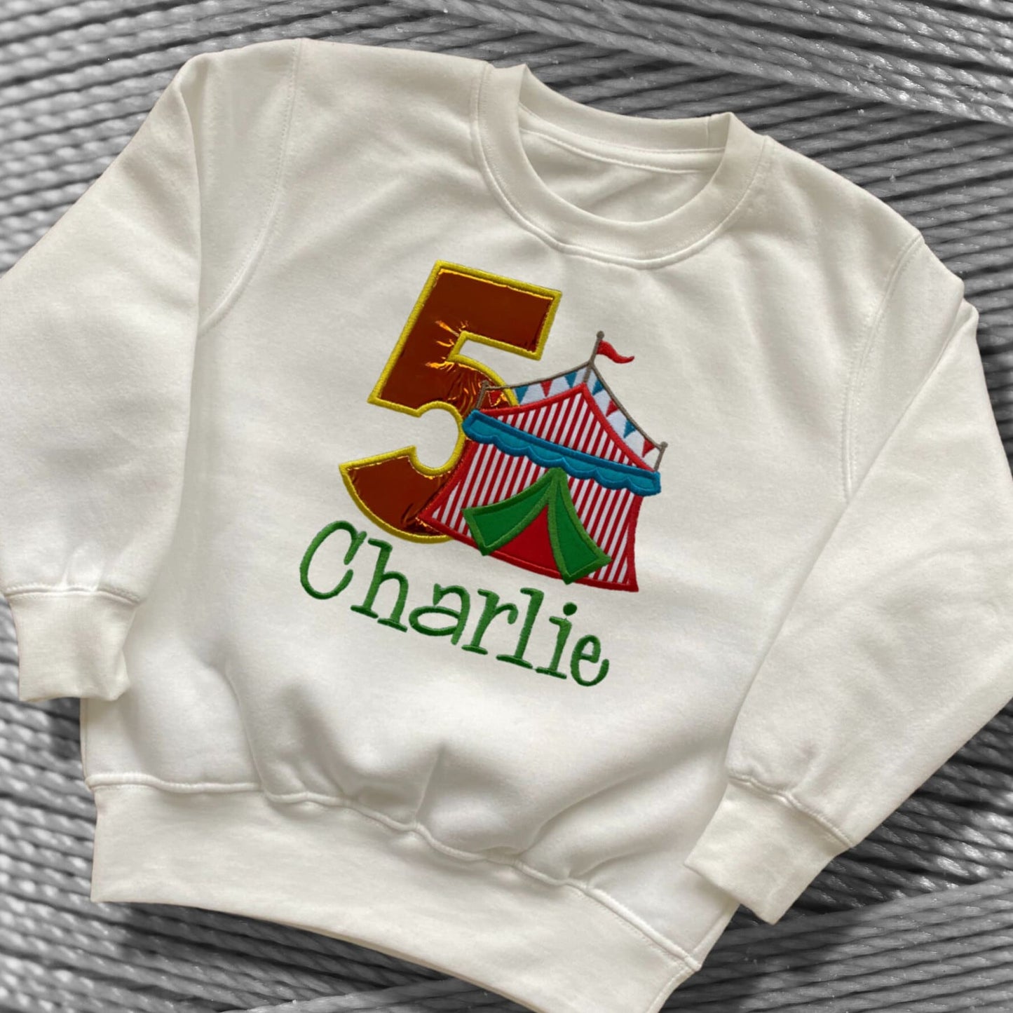 Personalised Embroidered Children's Birthday Top. Cute Applique Embroidered Circus Personalised with Age and Name Perfect Birthday Outfit
