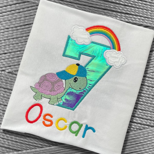 Personalised Embroidered Children's Birthday Top. Cute Turtle and Rainbow Design Personalised with Age and Name. Perfect Birthday Outfit