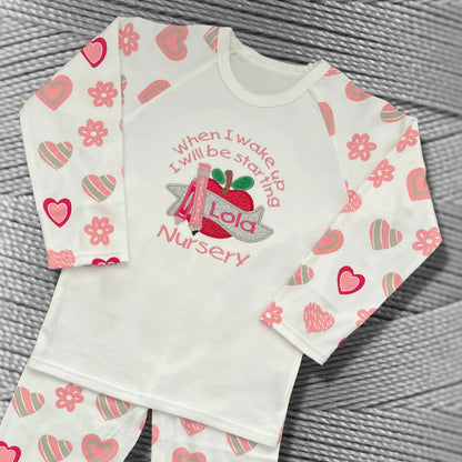 Personalised Embroidered Children's Pyjamas: Starting Nursery Apple Design.