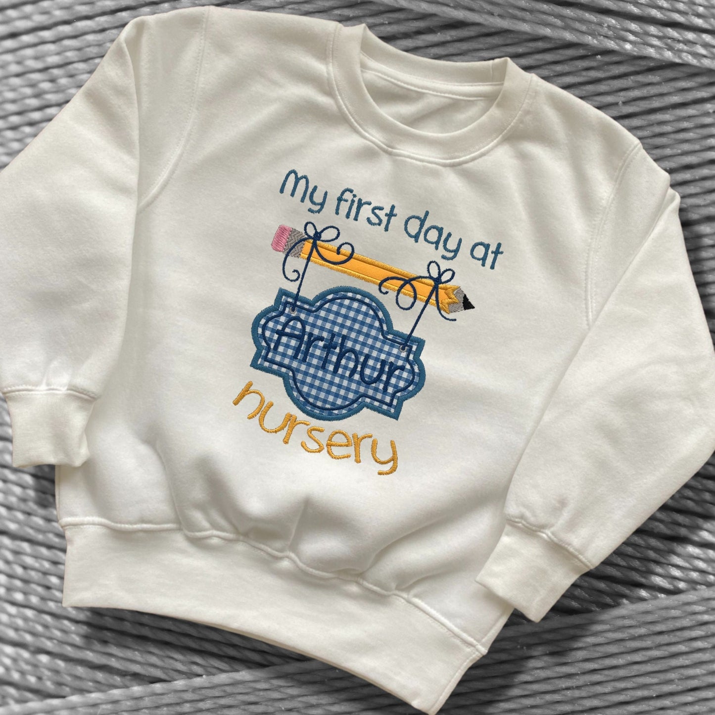 Personalised Embroidered 'My first day at nursery' Top's with Blue or Pink Gingham Design. Personalised with Child's Name. Choice of Garment
