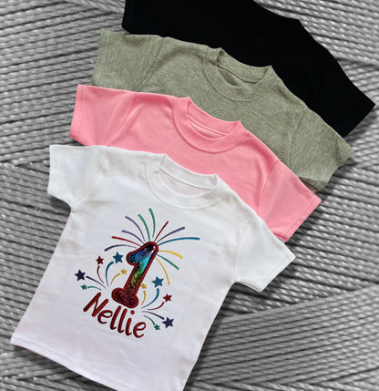 Childrens Birthday Embroidered Fireworks Shirts. Very Colourful Design Personalised with Name and Age. Choice of Garment