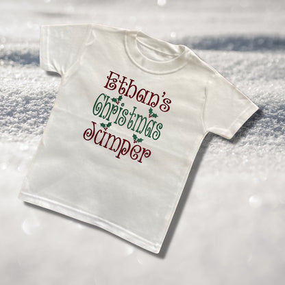 Personalised Embroidered Childrens Christmas Top. Cute 'Christmas Jumper' Design Personalised with Name. Perfect for the Christmas Season.