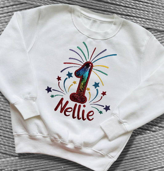 Childrens Birthday Embroidered Fireworks Shirts. Very Colourful Design Personalised with Name and Age. Choice of Garment