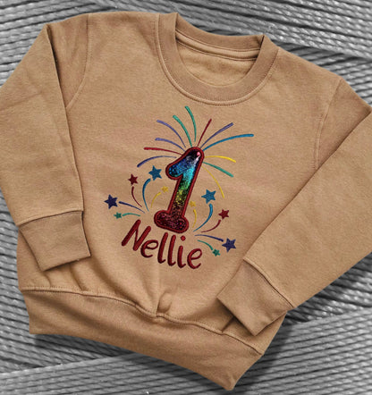Childrens Birthday Embroidered Fireworks Shirts. Very Colourful Design Personalised with Name and Age. Choice of Garment