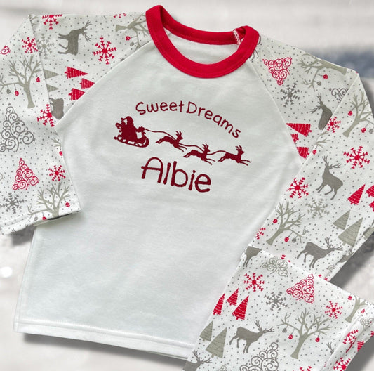 Personalised Embroidered Christmas Childrens Pyjamas and Rompersuits with Santa and His Sleigh. A Perfect Christmas Gift