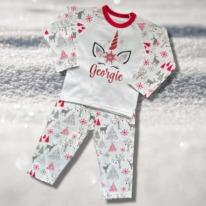 Personalised Embroidered Christmas Childrens Pyjamas and Rompersuits with a Super Cute Unicorn Xmas Designs