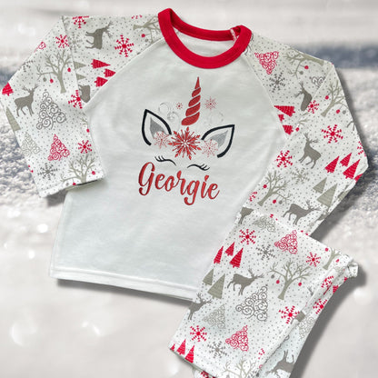 Personalised Embroidered Christmas Childrens Pyjamas and Rompersuits with a Super Cute Unicorn Xmas Designs