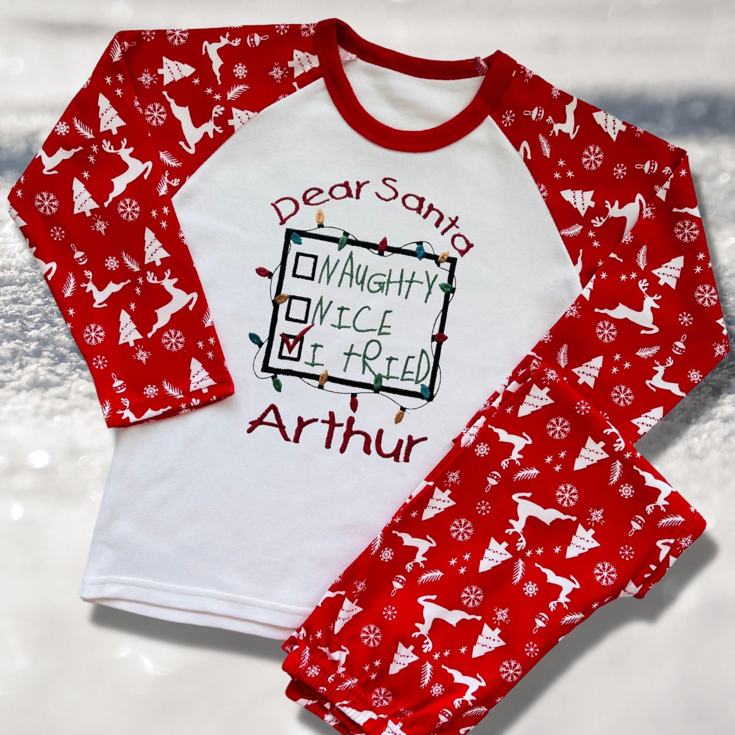 Personalised Embroidered Christmas Childrens Pyjamas and Rompersuits with a Sweet Note to Dear Santa Saying 'Naughty, Nice, I Tried'.