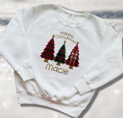 Personalised Embroidered Childrens Christmas Top. Cute Tartan Christmas Tree Design Personalised with Name. Perfect for the Christmas Season