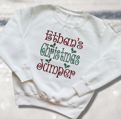 Personalised Embroidered Childrens Christmas Top. Cute 'Christmas Jumper' Design Personalised with Name. Perfect for the Christmas Season.